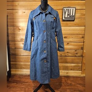 Vintage 1970s Western Warm Denim Trench Coat W Flannel Plaid Lining Size 10